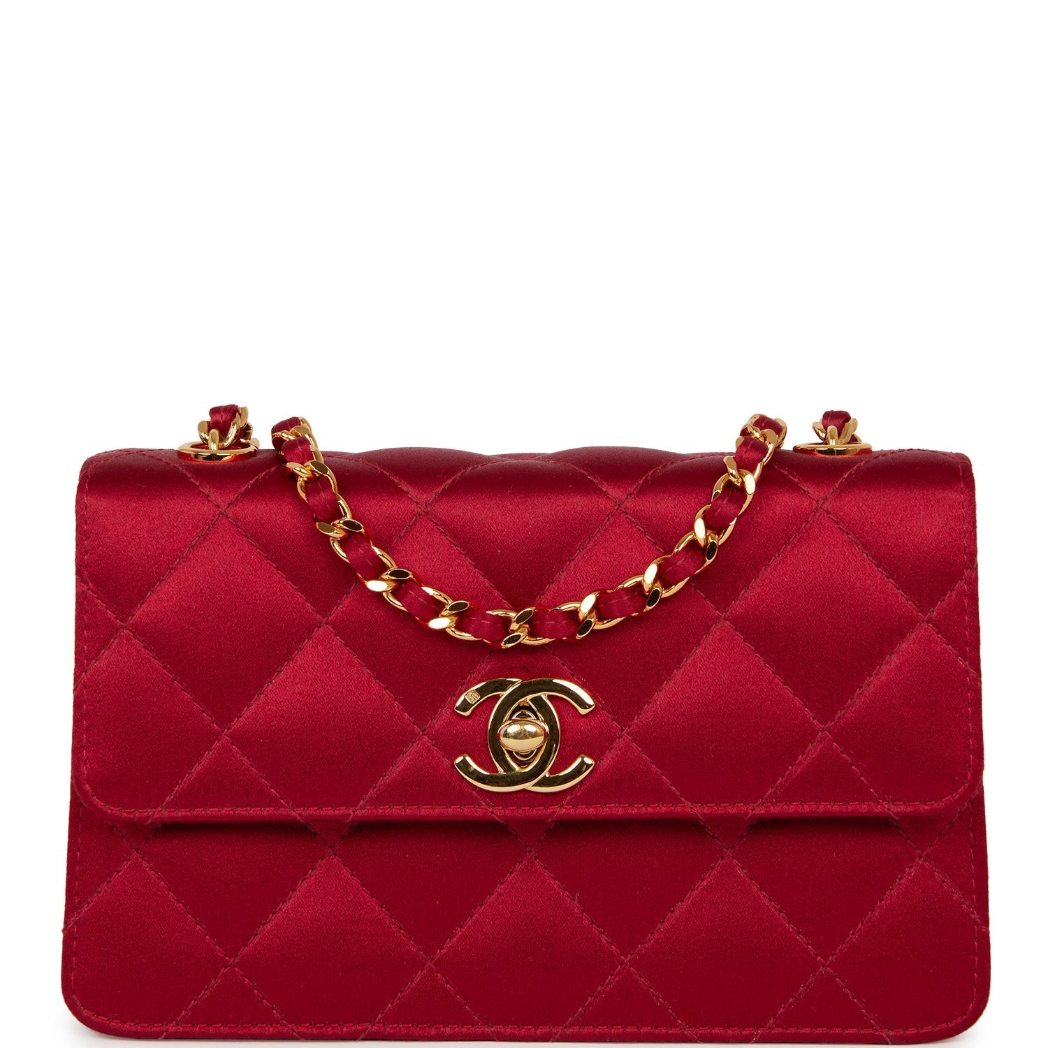Vintage Chanel Mini Flap Bag Red Satin Gold Hardware