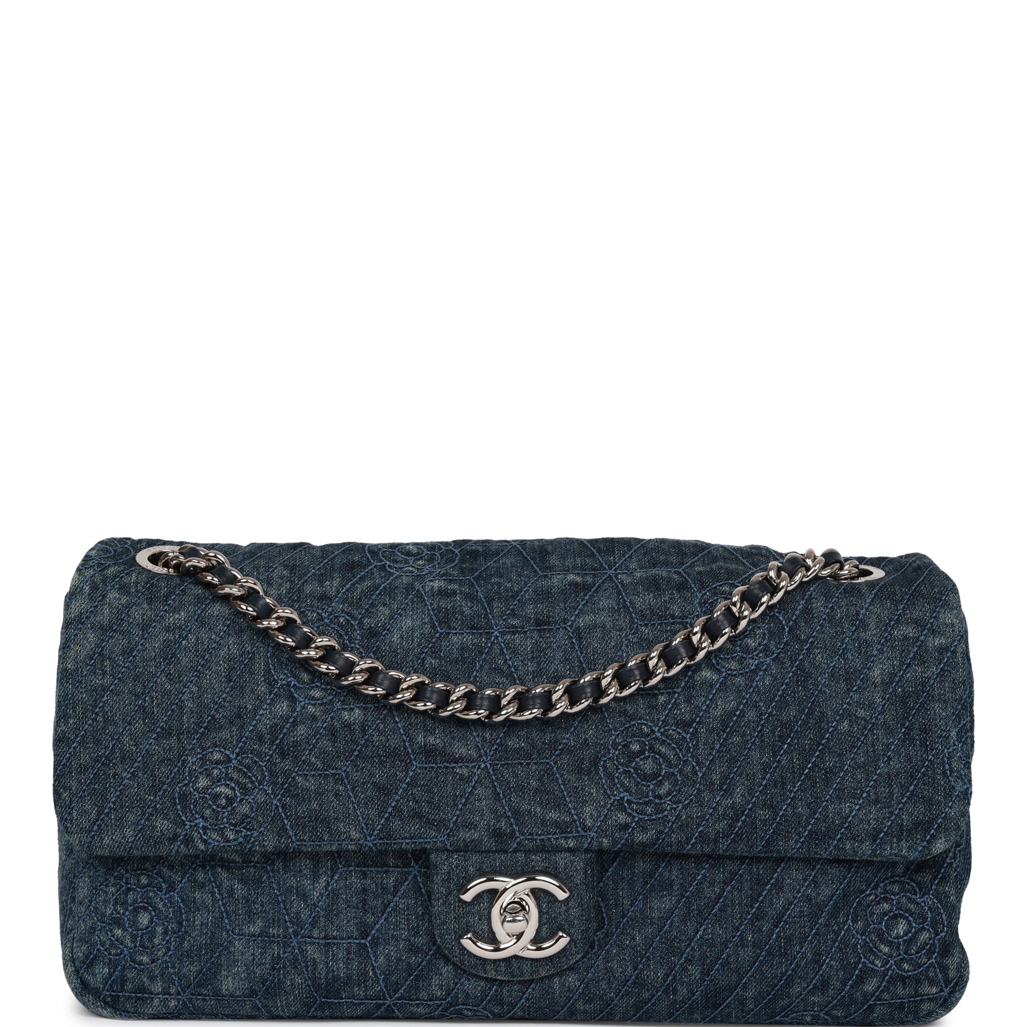 Pre-owned Chanel Camellia Flap Bag Distressed Blue Denim Silver Hardware