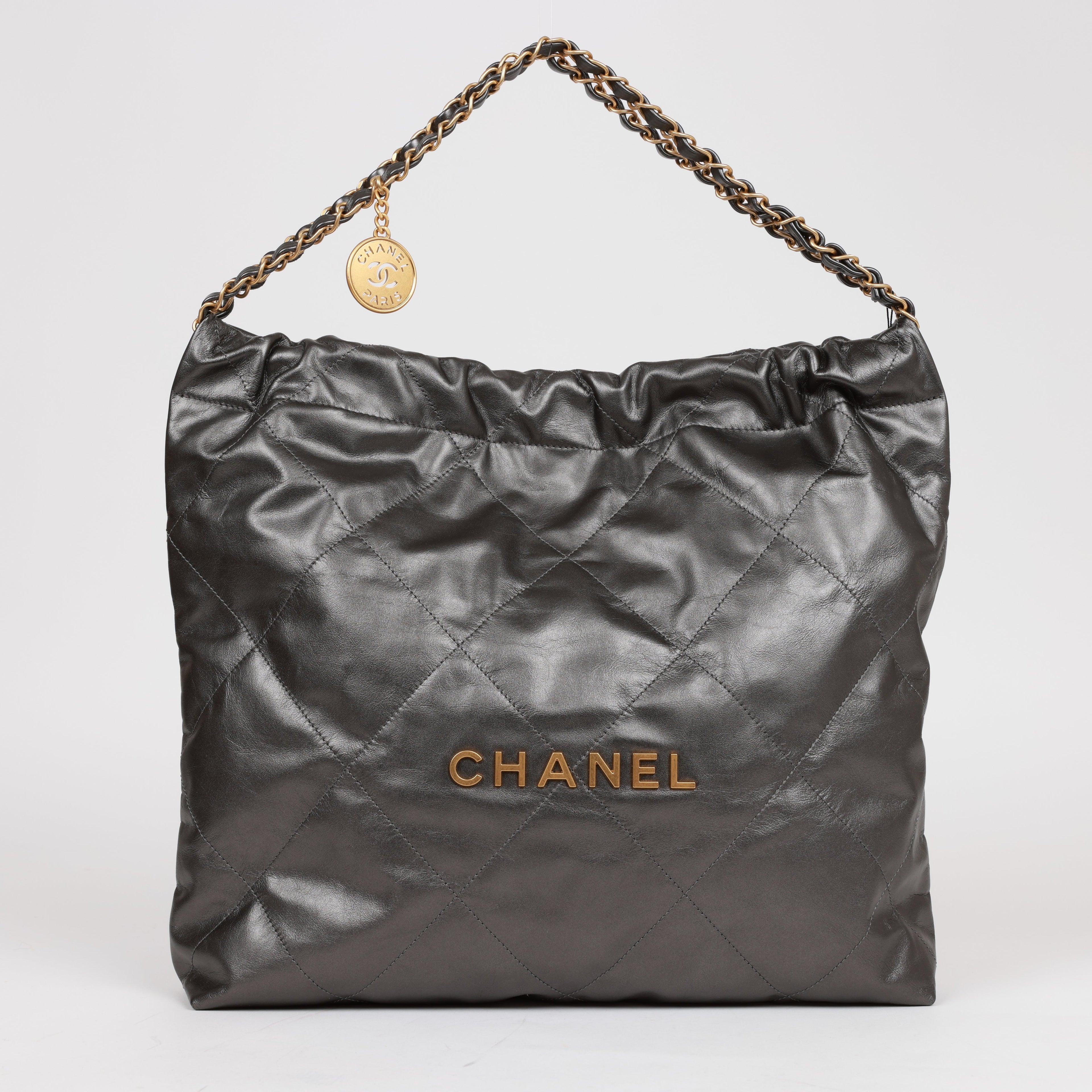 Chanel Medium 22 Bag Rhuthenium Calfskin Gold Hardware