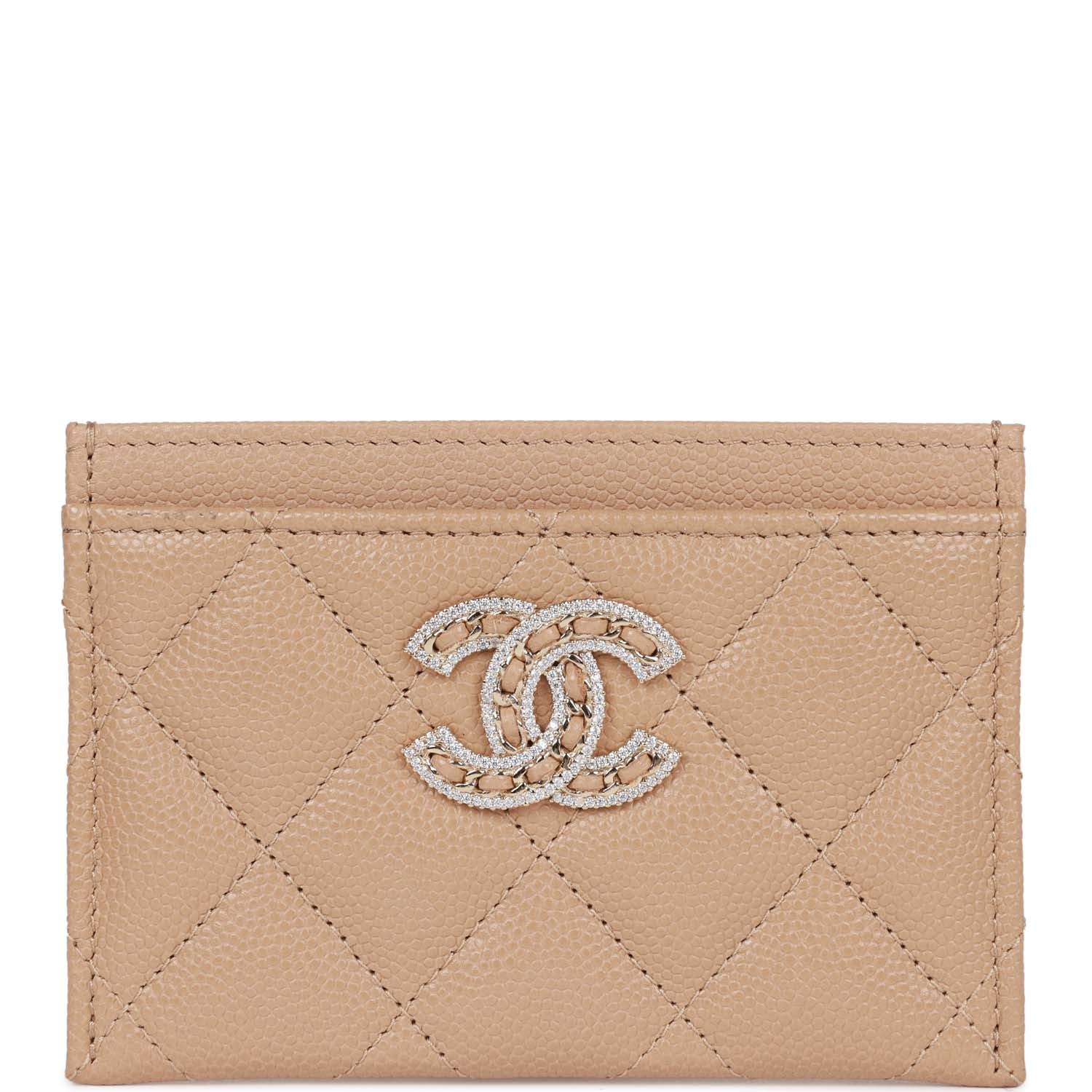 Chanel Card Holder Wallet Beige Caviar Crystal and Light Gold Hardware