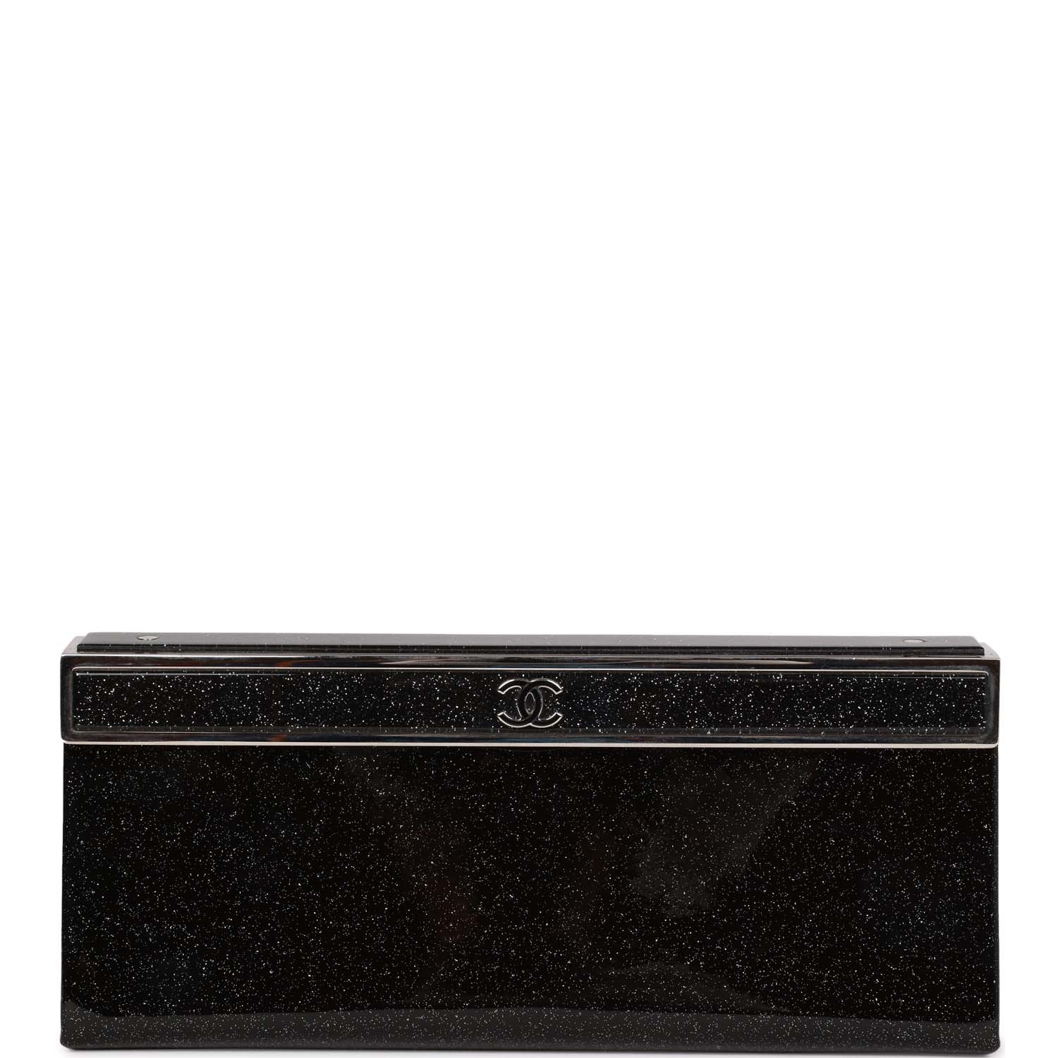 Pre-owned Chanel Minaudiere Long Frame Clutch Black Glitter Patent Silver Hardware