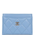 Chanel Flap Card Holder Wallet Blue Lambskin Light Gold Hardware
