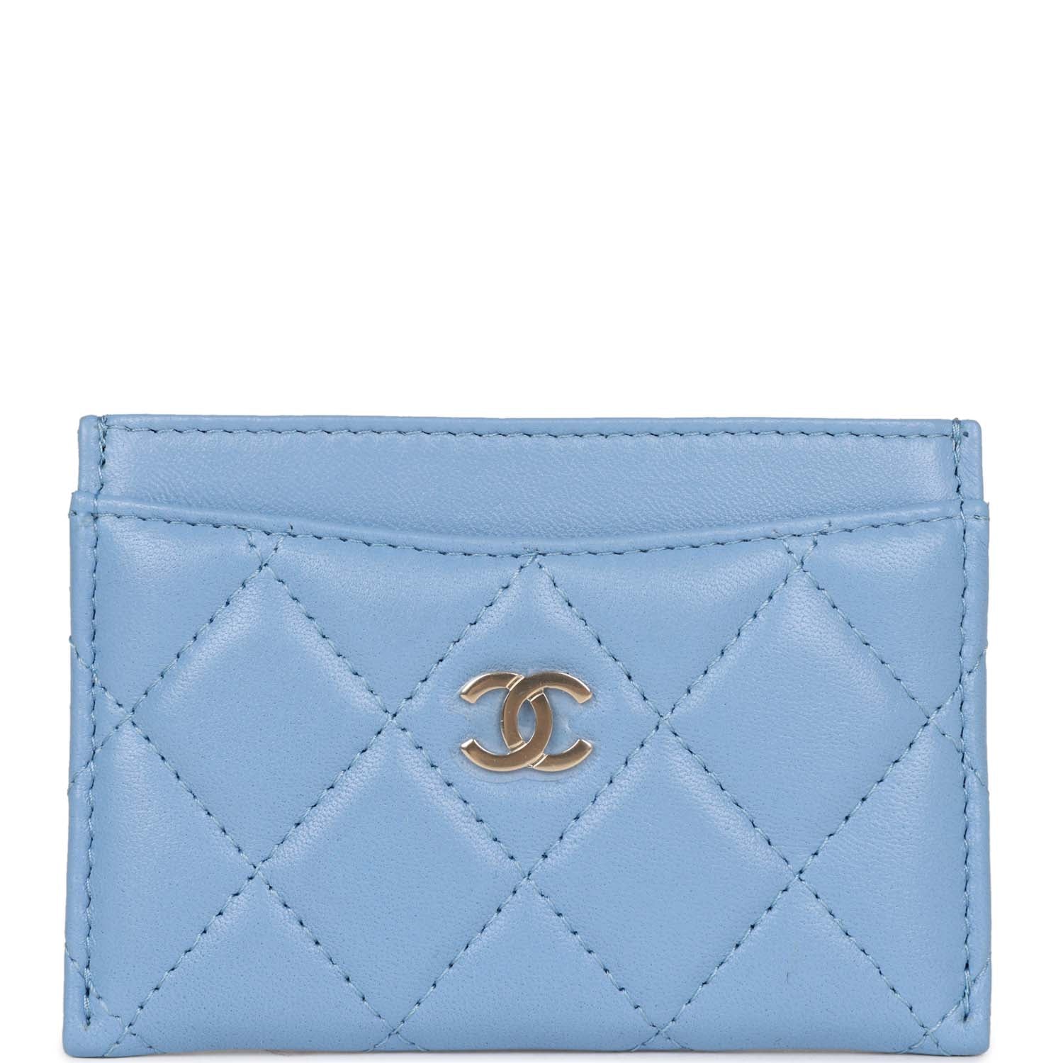 Chanel Flap Card Holder Wallet Blue Lambskin Light Gold Hardware