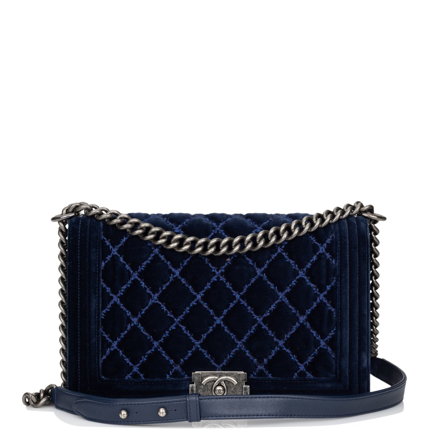 Pre-owned Chanel Large Boy Bag Blue Velvet Ruthenium Hardware
