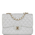 Pre-owned Chanel Jumbo Classic Single Flap Bag White Glitter Patent Leather Gold Hardware