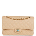 Chanel Medium Classic Double Flap Bag Beige Quilted Caviar Gold Hardware