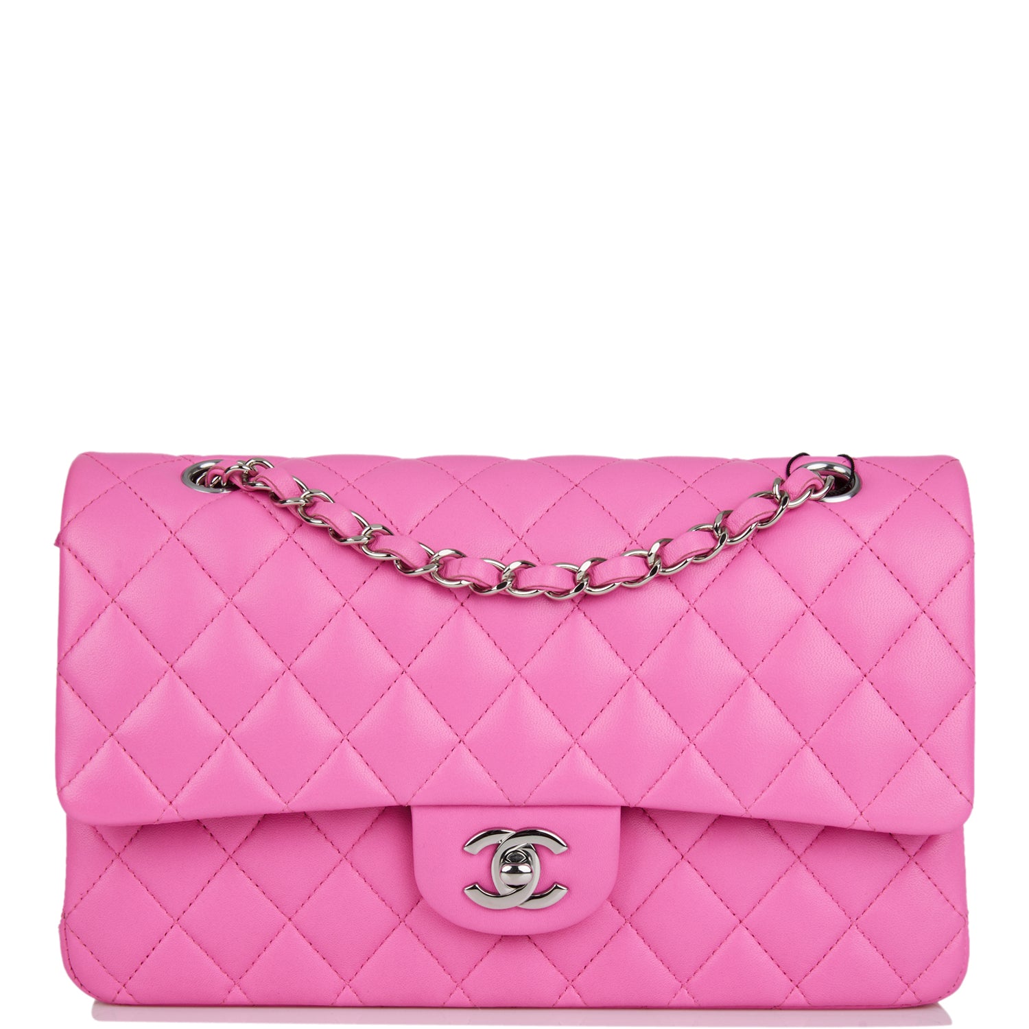 Pre-owned Chanel Medium Classic Double Flap Bag Neon Pink Quilted Lambskin Silver Hardware