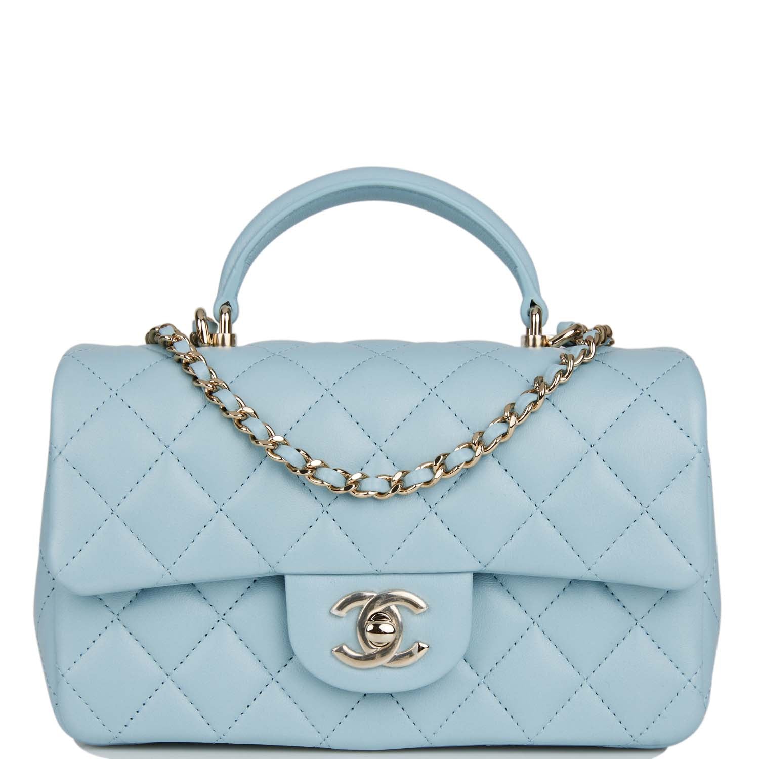 Chanel Mini Rectangular Flap with Top Handle Blue Lambskin Light Gold Hardware
