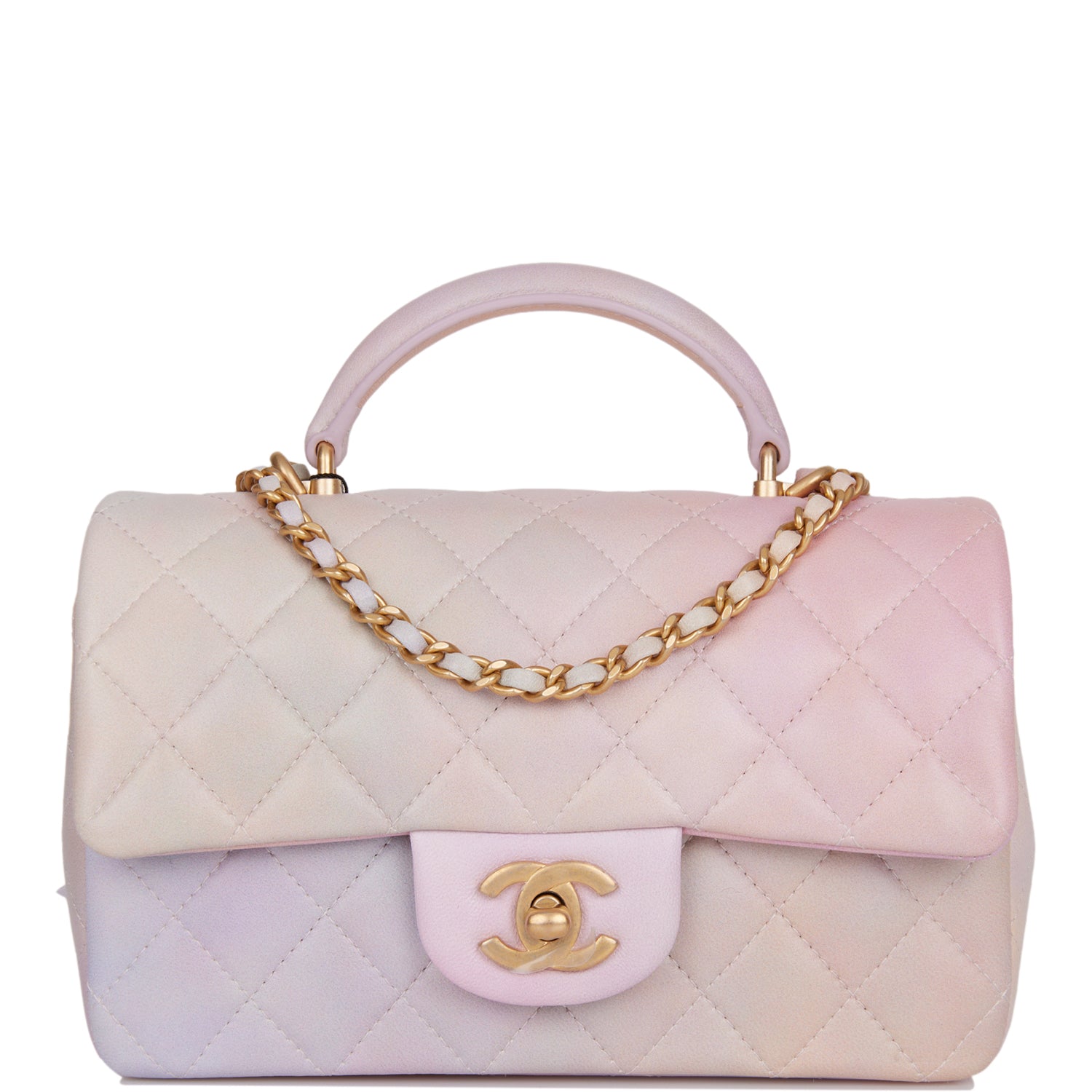 Chanel Mini Rectangular Flap Bag with Top Handle Light Pink Ombre Lambskin Antique Gold Hardware - Remaing Amount NR
