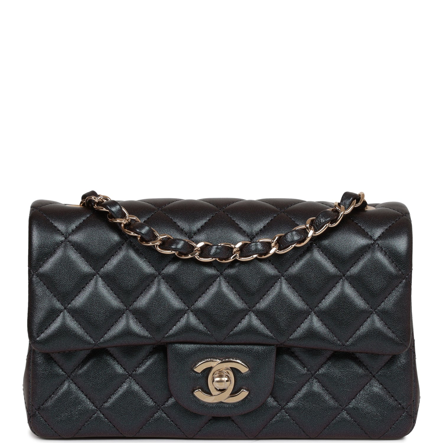 Chanel Mini Rectangular Flap Bag Black Metallic Lambskin Light Gold Hardware
