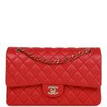 Pre-owned Chanel Medium Classic Double Flap Bag Red Caviar Light Gold Hardware