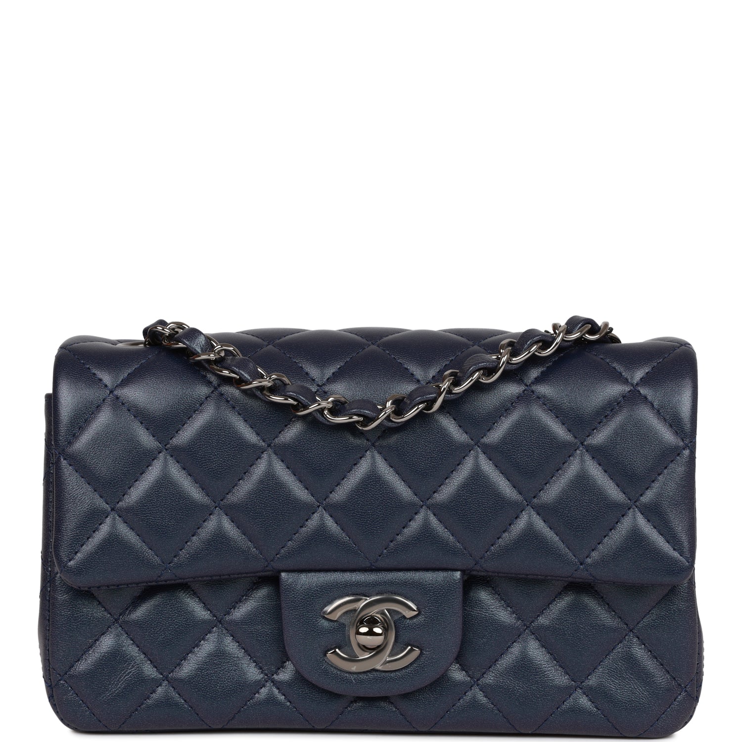 Chanel Mini Rectangular Flap Bag Navy Iridescent Lambskin Ruthenium Hardware