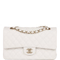 Chanel Medium Classic Double Flap Bag White Quilted Caviar Light Gold Hardware