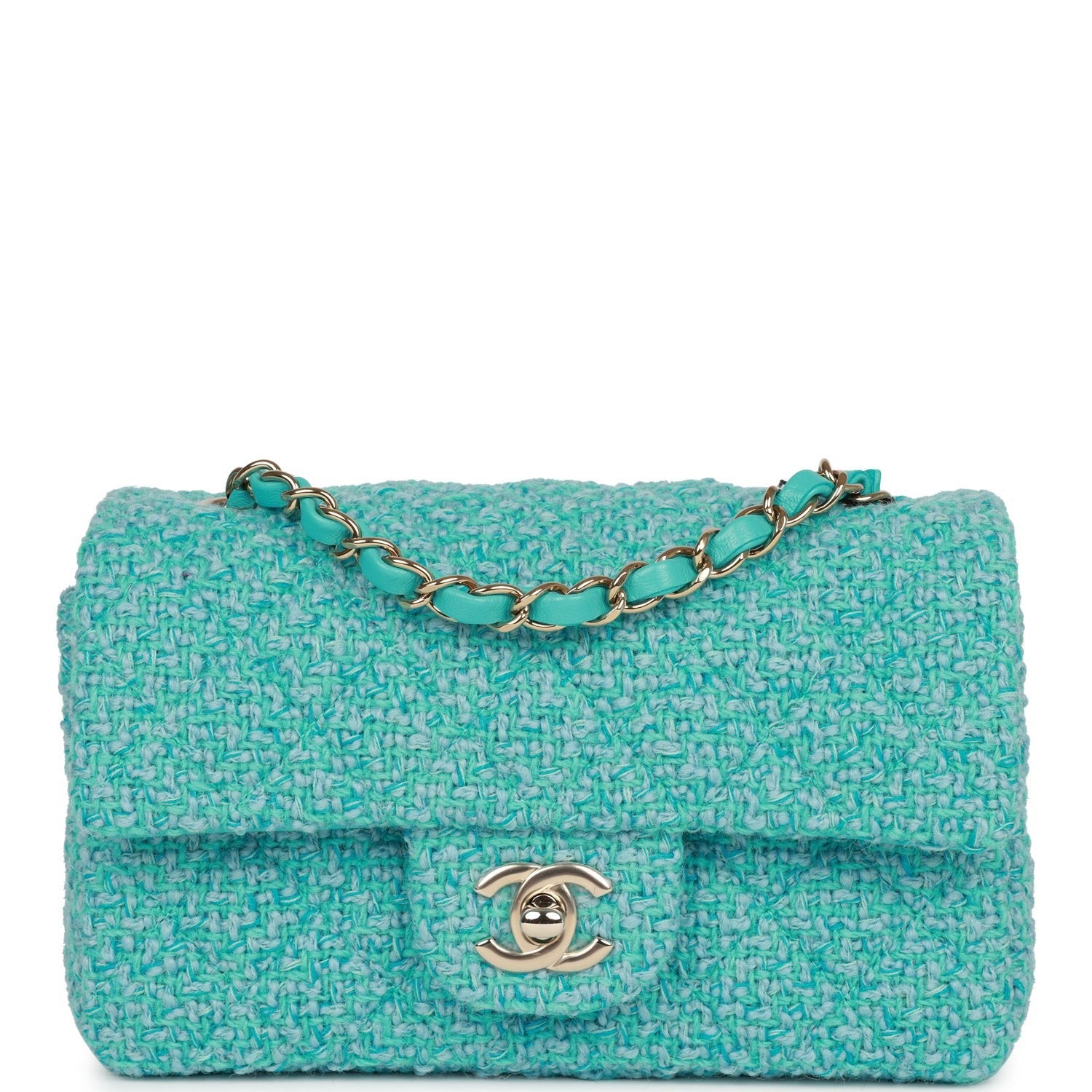 Chanel Mini Rectangular Flap Bag Blue Tweed Light Gold Hardware
