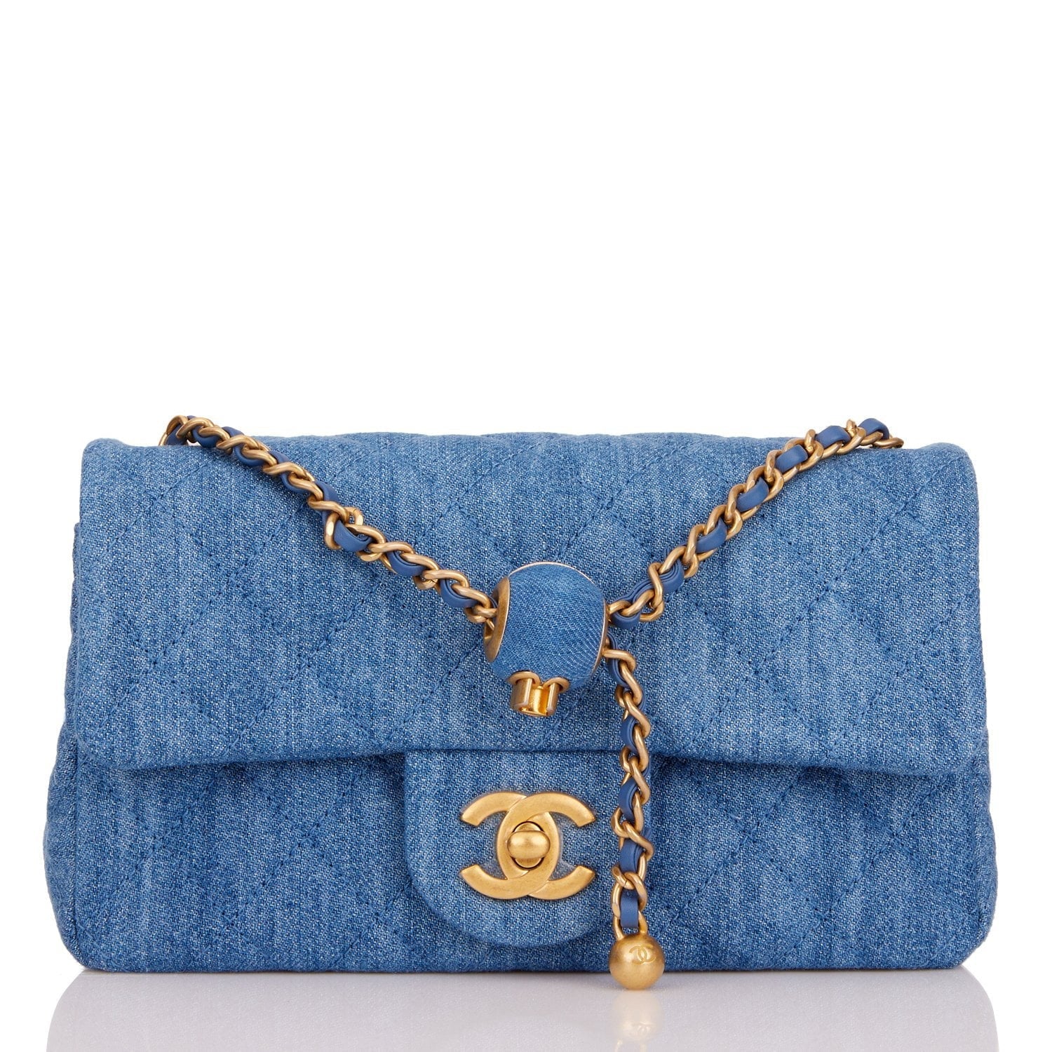 Chanel Pearl Crush Mini Rectangular Flap Bag Denim Antique Gold Hardware