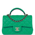 Chanel Mini Rectangular Flap with Top Handle Green and Navy Blue Lambskin Light Gold Hardware