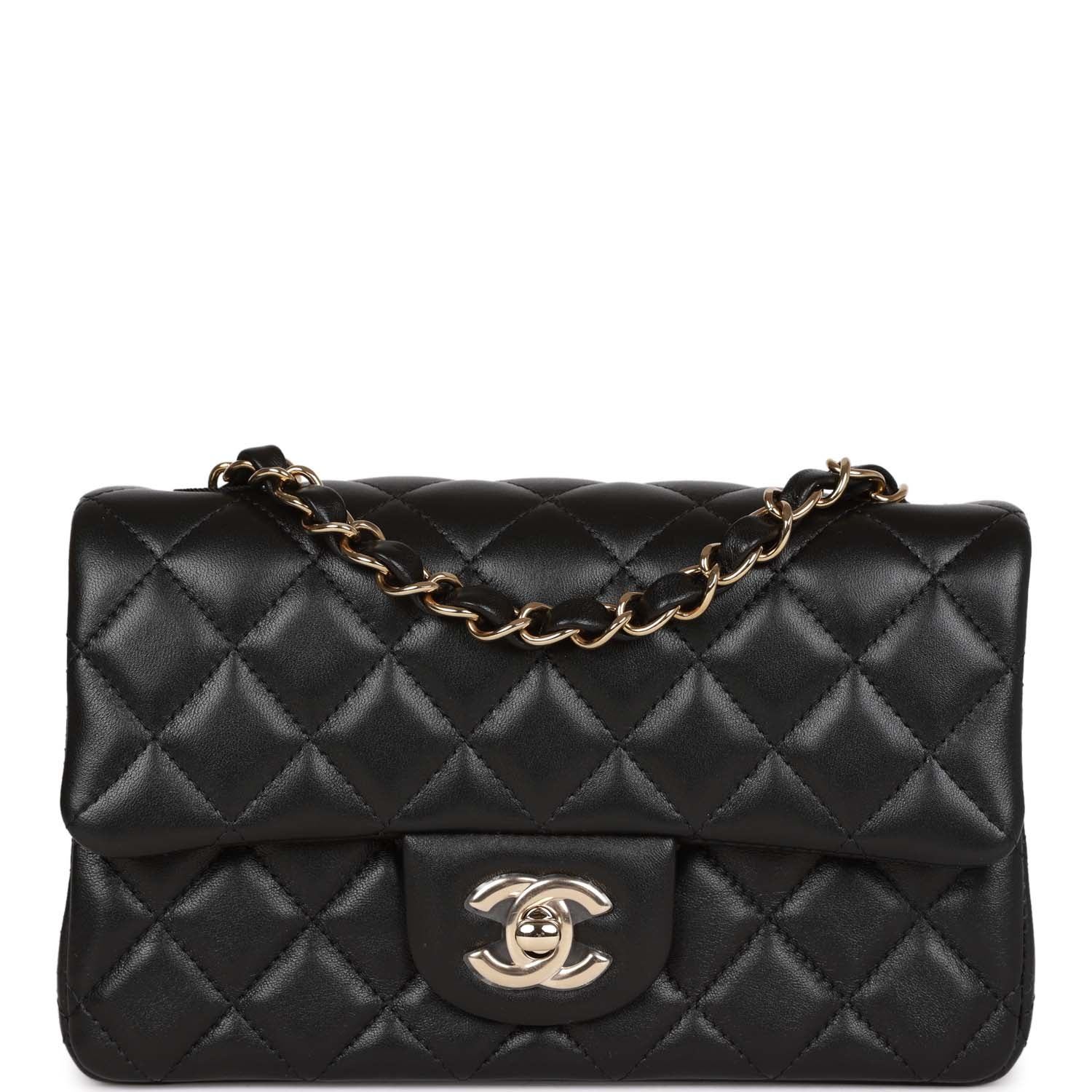 Chanel Mini Rectangular Flap Bag Black Lambskin Light Gold Hardware
