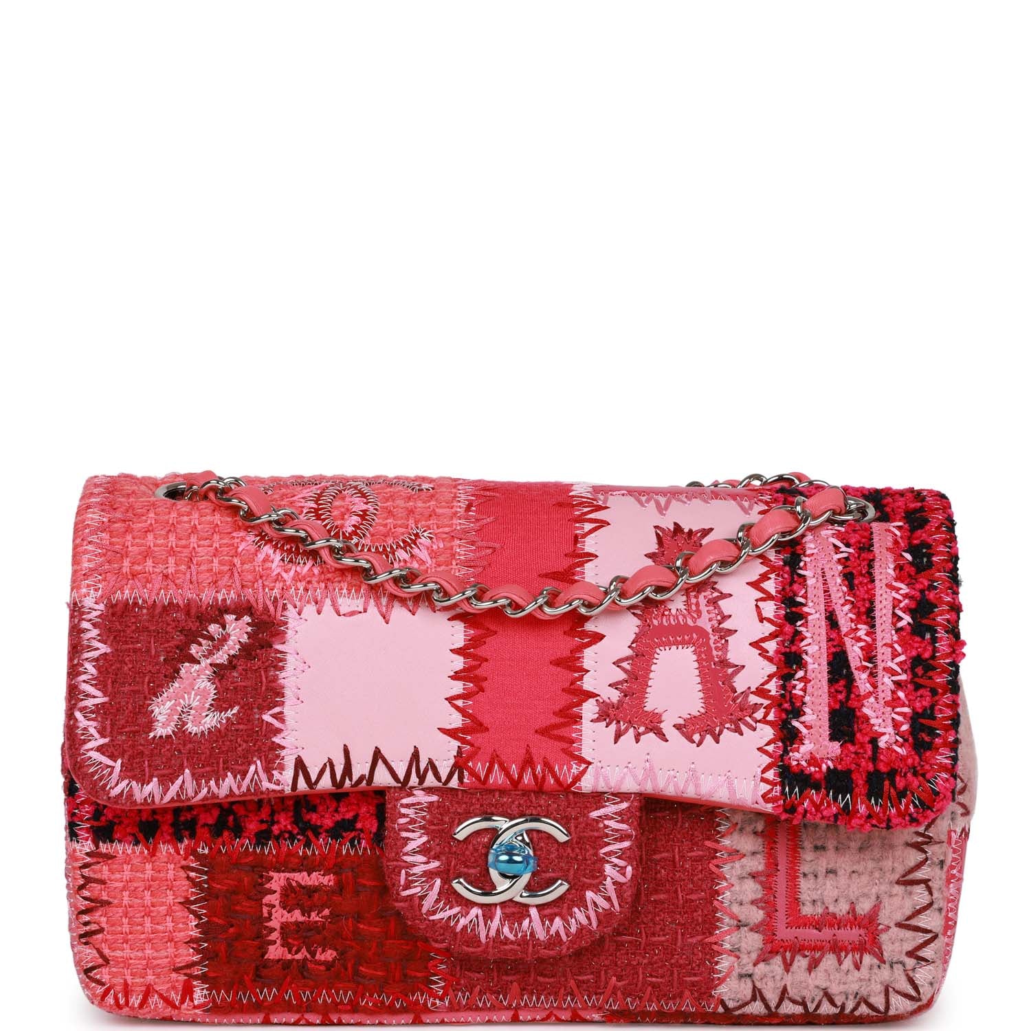 Chanel Medium Flap Bag Pink Patchwork Tweed Silver Hardware