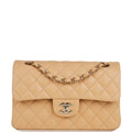 Chanel Small Classic Double Flap Beige Quilted Lambskin Light Gold Hardware