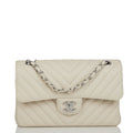Chanel Small Chevron Classic Double Flap Ecru Calfskin Silver Hardware