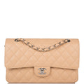 Chanel Beige Quilted Caviar Medium Classic Double Flap Bag Silver Hardware