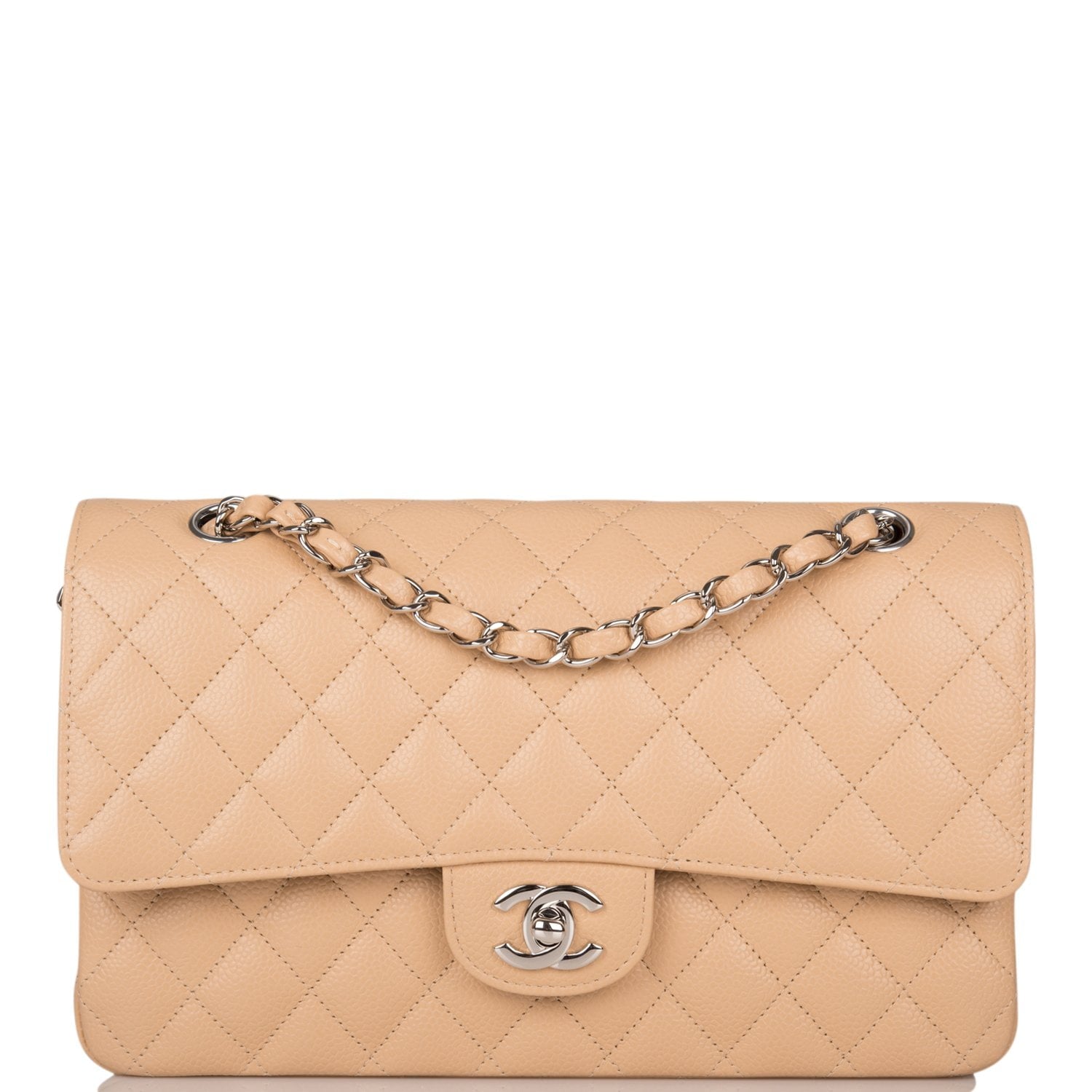 Chanel Beige Quilted Caviar Medium Classic Double Flap Bag Silver Hardware