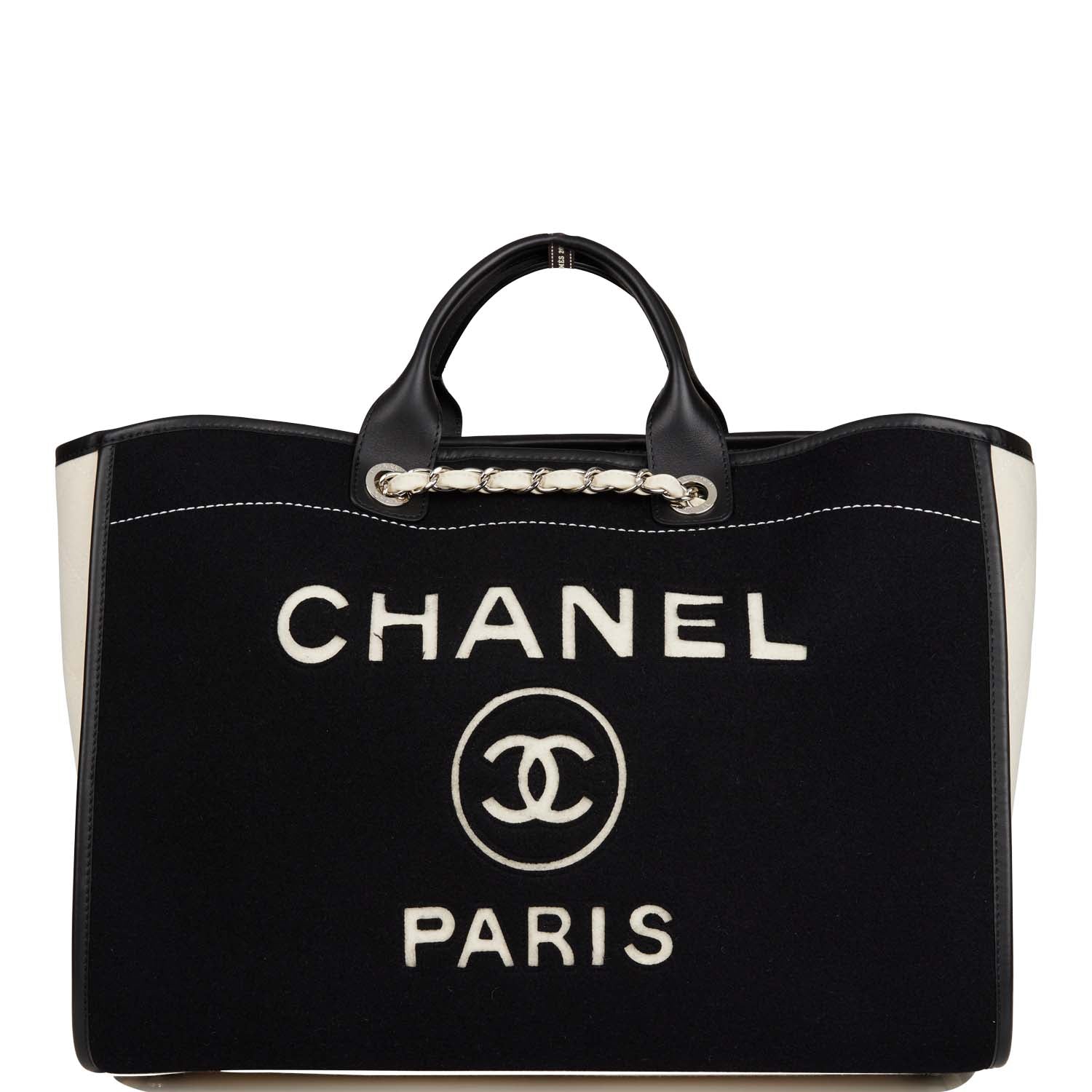 Chanel Large Deauville Shopping Bag Black and White Wool Silver Hardware