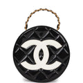 Vintage Chanel Round Vanity Bag Black and White Patent Leather Antique Gold Hardware