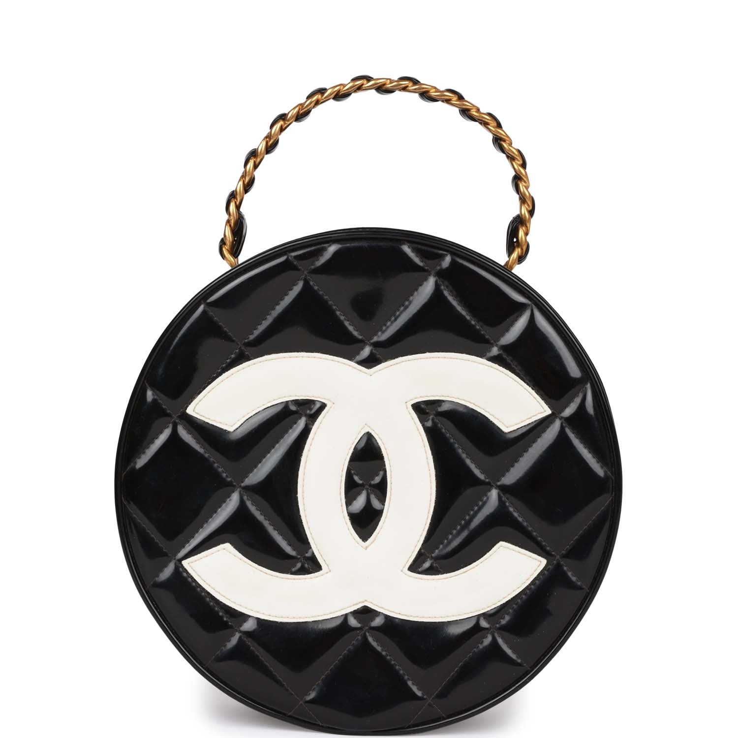 Vintage Chanel Round Vanity Bag Black and White Patent Leather Antique Gold Hardware