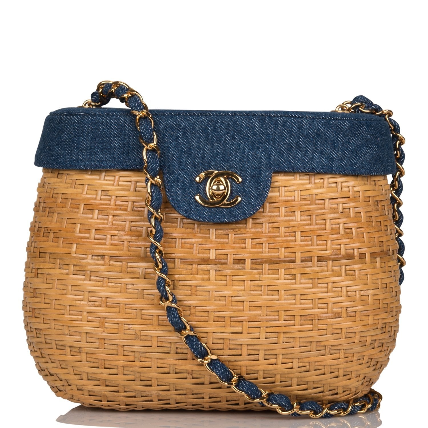 Vintage Chanel Basket Bag Denim and Wicker Gold Hardware