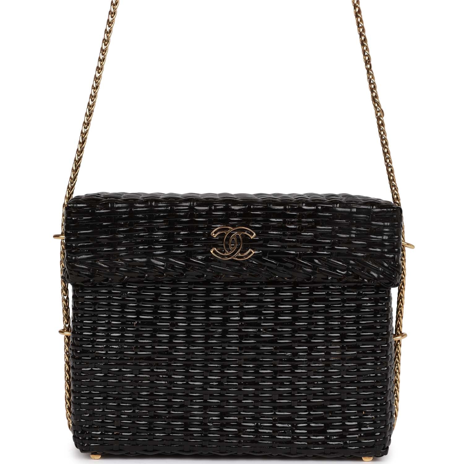 Vintage Chanel Wicker Picnic Basket Bag Black Gold Hardware