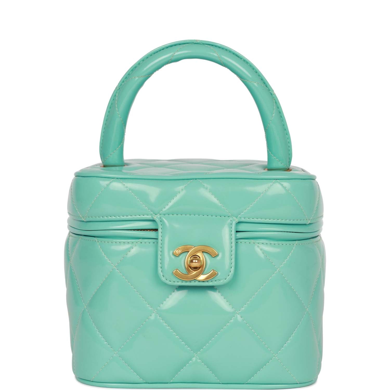 Vintage Chanel Vanity Heart Mirror Bag Turquoise Patent Gold Hardware