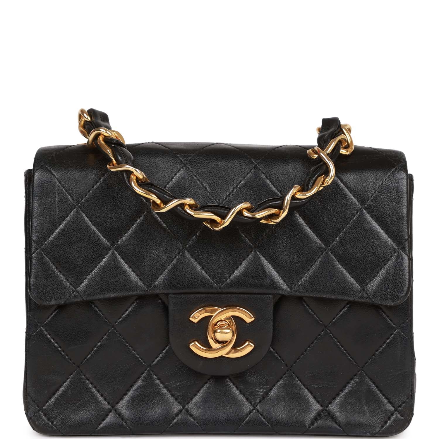 Vintage Chanel Mini Flap Chain Handle Bag Black Lambskin Gold Hardware