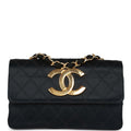 Vintage Chanel CC Shoulder Flap Bag Black Satin Gold Hardware