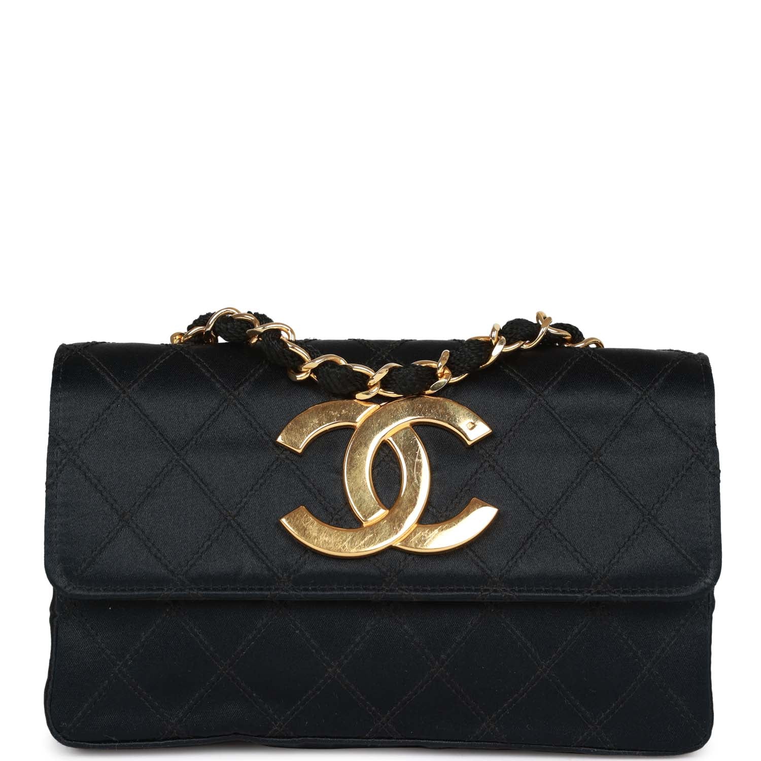 Vintage Chanel CC Shoulder Flap Bag Black Satin Gold Hardware