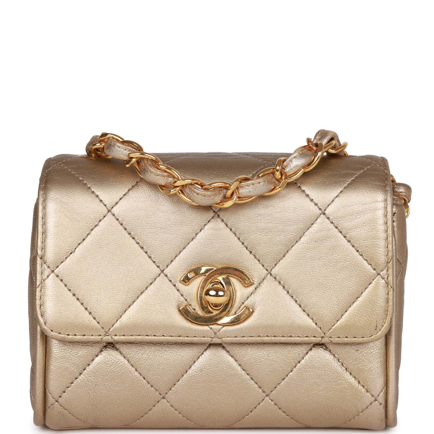 Vintage Chanel Nano Flap Bag Gold Metallic Lambskin Gold Hardware