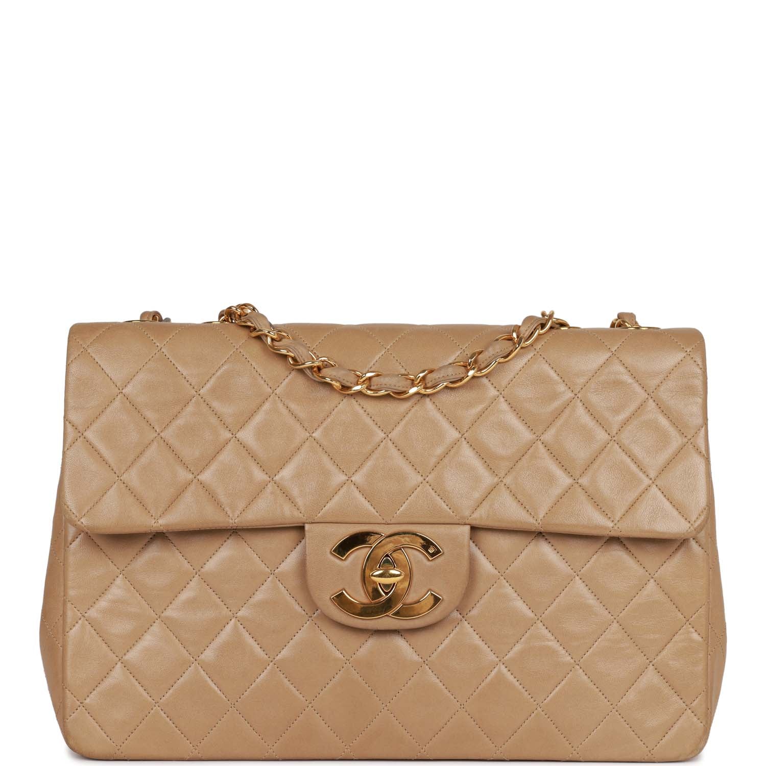 Vintage Chanel XL Maxi Flap Bag Beige Lambskin Gold Hardware