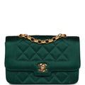 Vintage Chanel Mini Flap Bag Green Satin Gold Hardware