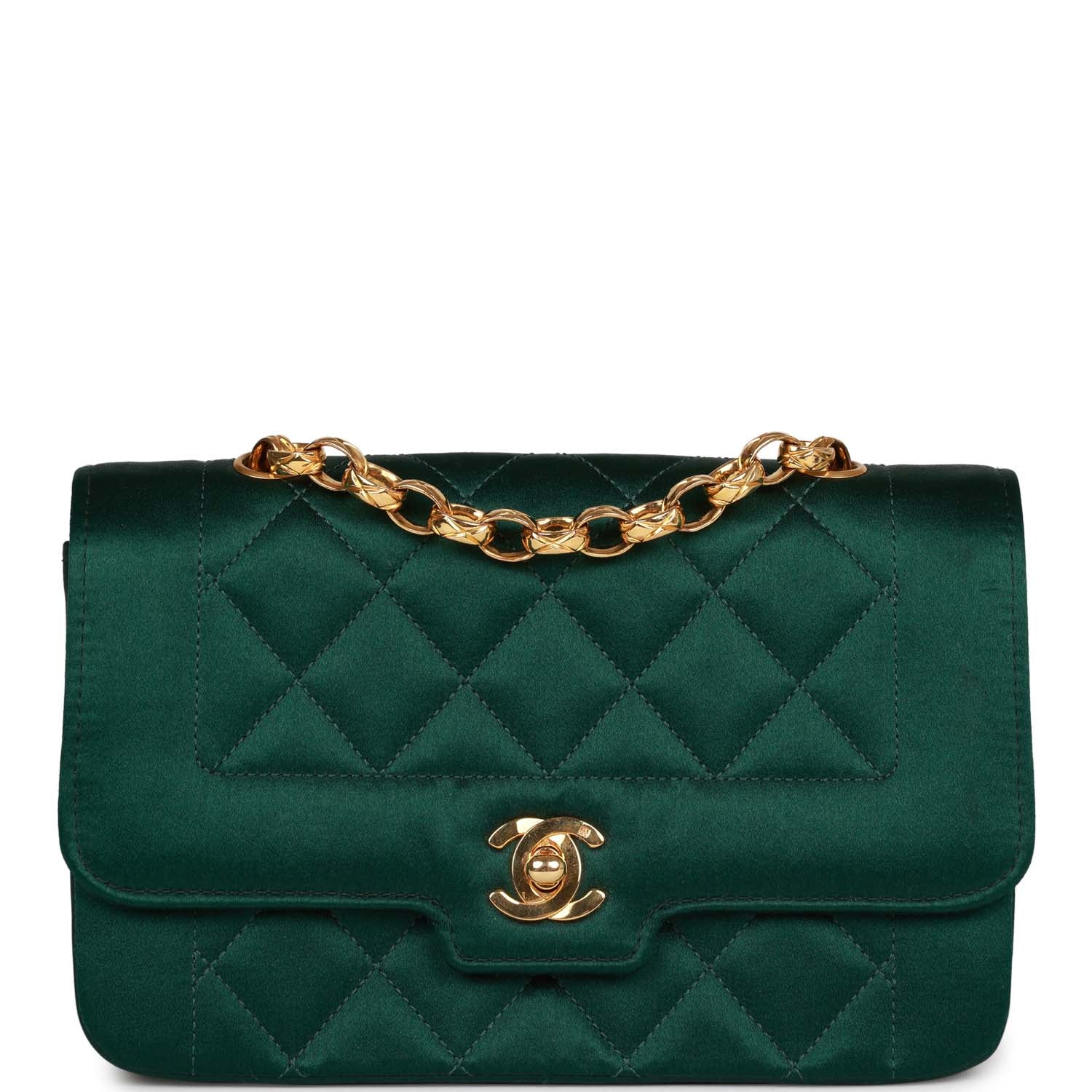 Vintage Chanel Mini Flap Bag Green Satin Gold Hardware