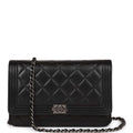 Pre-owned Chanel Wallet on Chain WOC Boy Black Lambskin Aged Silver Hardware