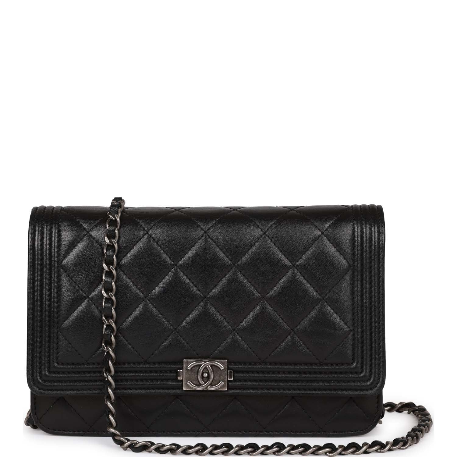Pre-owned Chanel Wallet on Chain WOC Boy Black Lambskin Aged Silver Hardware
