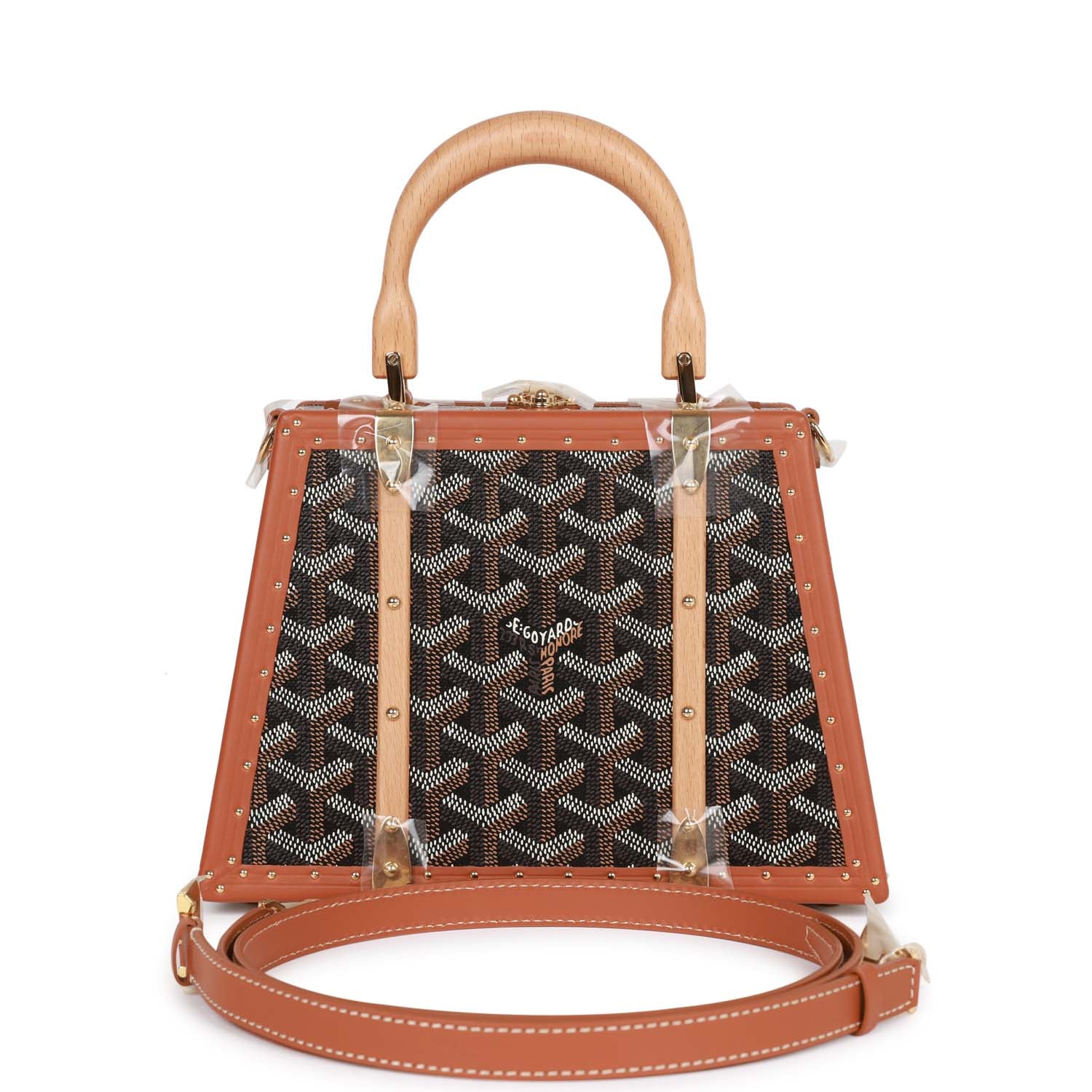 Goyard Saigon Mini Trunk Bag Black and Tan Goyardine Gold Hardware