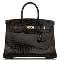Pre-owned Hermes Birkin 35 Graphite Shiny Porosus Crocodile Gold Hardware
