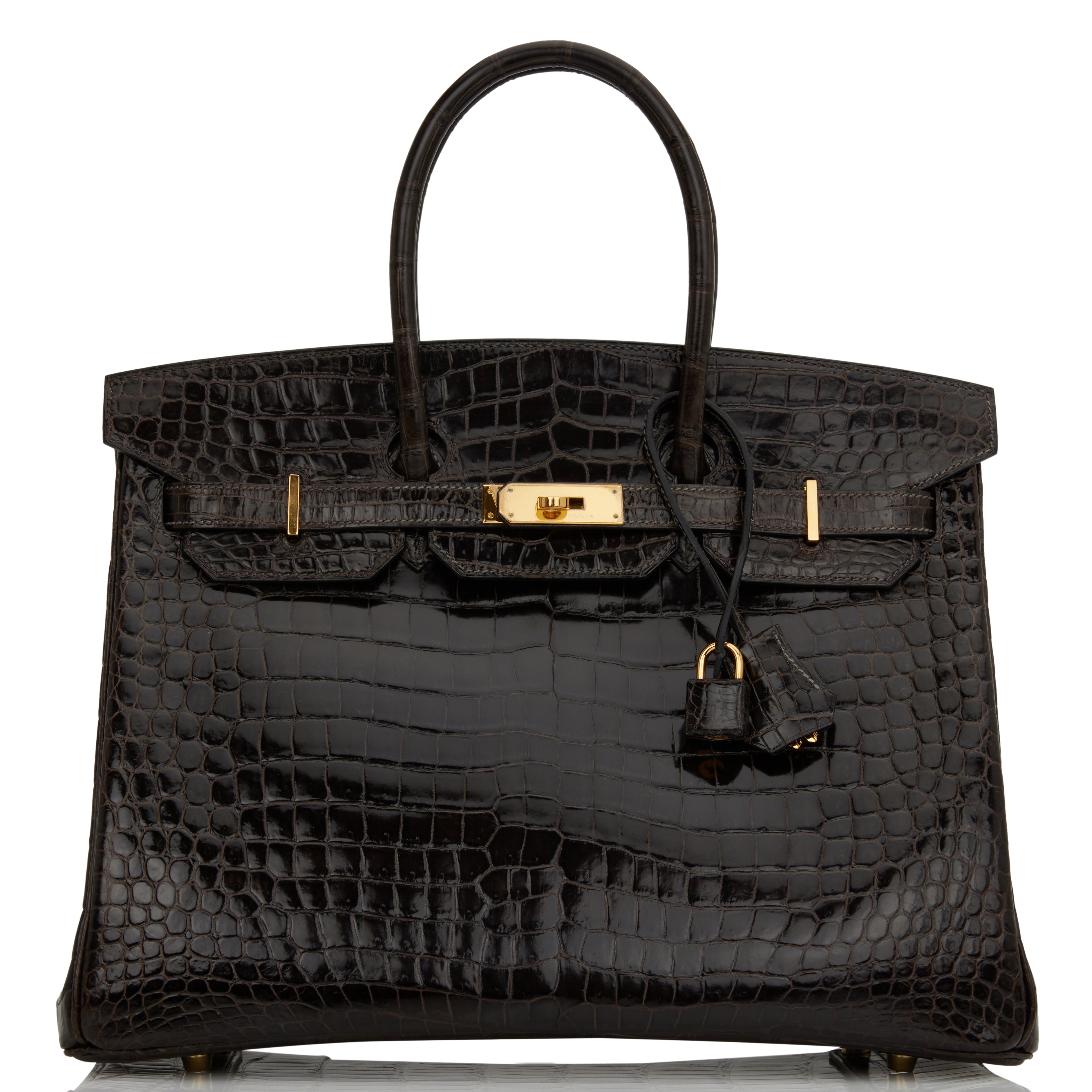 Pre-owned Hermes Birkin 35 Graphite Shiny Porosus Crocodile Gold Hardware