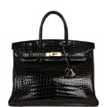 Pre-owned Hermes Birkin 35 Black Shiny Porosus Crocodile Gold Hardware