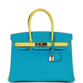 Pre-owned Hermes Special Order (HSS) Birkin 30 Bleu Turquoise and Lime Chevre Gold Hardware
