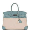 Pre-owned Hermes Birkin 35 Toile H and Ciel Clemence Palladium Hardware