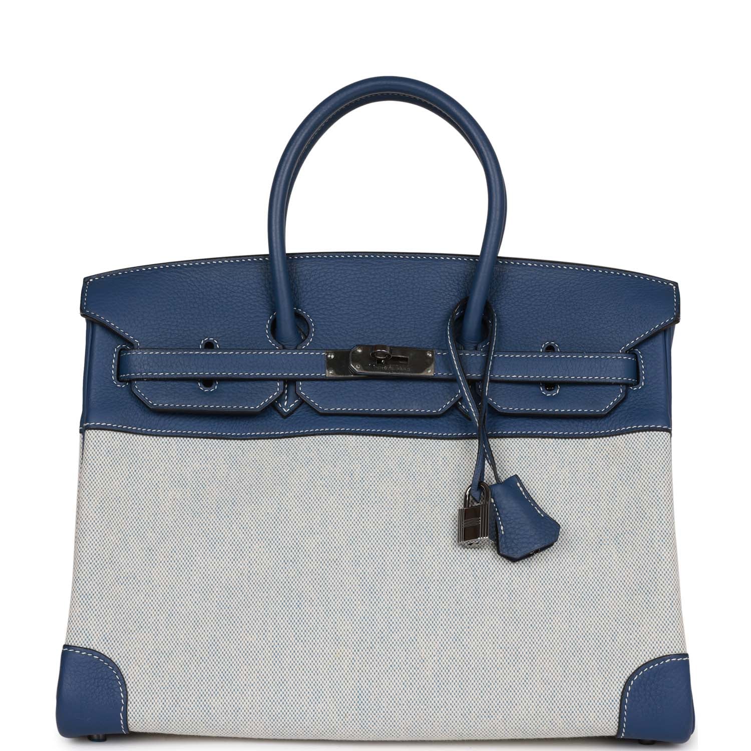 Pre-Owned Hermes Birkin 35 Bleu Brighton Clemence and Toile H Ruthenium Hardware
