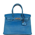 Pre-owned Hermes Birkin 30 Bleu Mykonos Matte Alligator Palladium Hardware