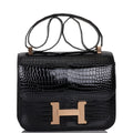 Hermes Constance 24 Black Shiny Porosus Crocodile Rose Gold Hardware